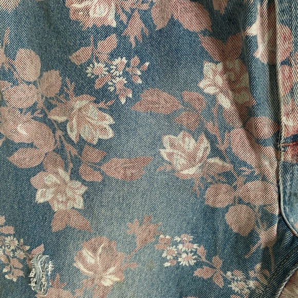 Vintage Low-Rise Joe Boxer Pink Flower Print Flare Distressed Blue Jeans - Picture 7 of 8